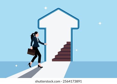 Concept image of an open door to success or career opportunities. Ladder or step to new opportunities.Open door for businesswomen to climb the ladder of success.Concept of progress or problem solving.