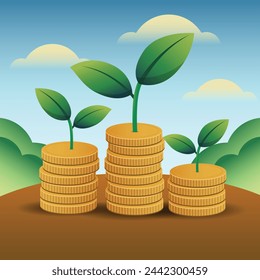 Concept image of a plant sprouting from a pile of coins, symbolizing financial growth through investment