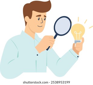 concept of the image is the process of finding a solution, carefully inspecting the idea (represented by the lightbulb) to understand it better and potentially solve a problem.