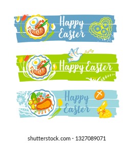 Concept image with rabbit for Happy Easter. Silhouette dish plate with vegetable and meat. Sketch food ingredient for celebration happy religion holiday. Vector illustration.