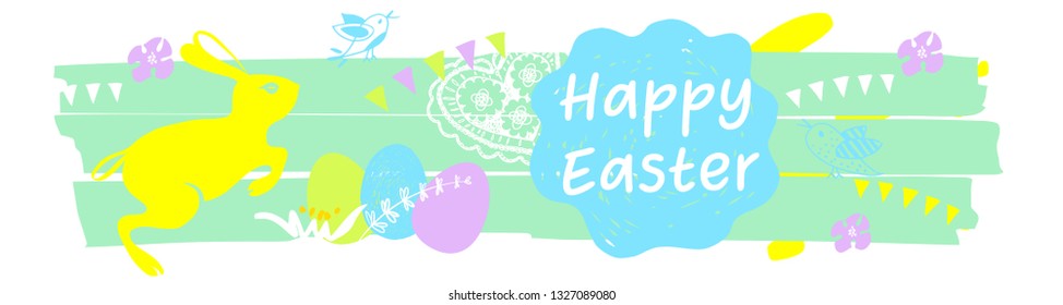Concept image with rabbit for Happy Easter. Template sketch horizontal banner, poster for celebration religion holiday. Vector illustration.