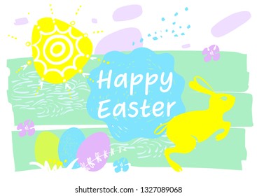 Concept image with rabbit, sun and egg for Happy Easter. Silhouette dish plate with vegetable and meat. Sketch food ingredient for celebration happy religion holiday. Vector illustration.