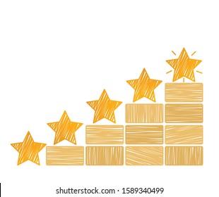 Concept image of setting a five star target. to increase the rating or rating and classification of ideas in the style of a sketch made by hand. career ladder icons in business or sport. flat vector 