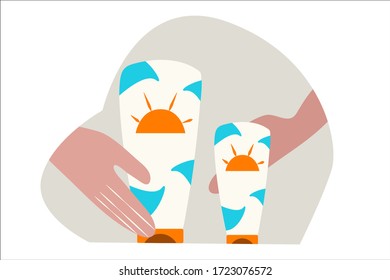 Concept with the image of sunscreens, to which hands are drawn. Reminds about the need to protect the skin during intense solar radiation. Prevention of melanoma and skin cancer. 