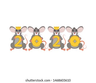 Concept image of symbol chinese happy new year 2020. Metal rat.  Vector  illustration can use for calendar,  greeting card, banner, poster. Cute  mice.