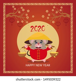Concept image of symbol chinese happy new year 2020. Rat in colourful chinese  costume with golds.  Hieroglyph translation mouse. Vector  illustration