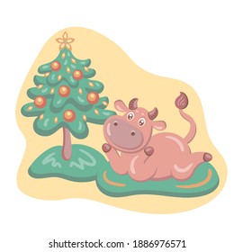 Concept image of symbol Christmas or Chinese New year. Cute little ox, cow, bull with christmas tree. Winter sticker with cow. Ox horoscope sign. Happy Chinese New Year year of ox 2021 art.  