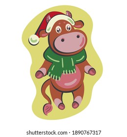 Concept image of symbol Christmas or Chinese New year. Cute little ox, cow, bull in christmas hat and scarf. Winter sticker with cow. Ox horoscope sign. Happy Chinese New Year year of ox 2021 art.   