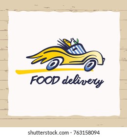 Concept image template logo design for fast transportation. Freehand drawn silhouette of  vehicle with wheel on background. Vintage style badge for food delivery service. Sketch vector illustration. 
