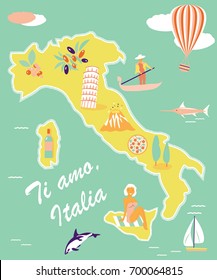 Concept image of tourist map of Italy with famous landmarks and destinations