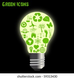 Concept image of various green eco-friendly icons inside of a light bulb.