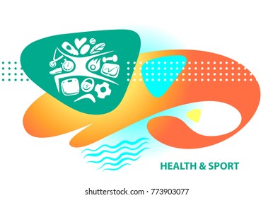 Concept image for weight loss and health care. Badge for dieting program. Abstract silhouette sportsman with sport equipment, water and healthy food. Nutrition template logo. Vector illustration
