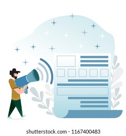 Concept images in a flat style. A man with a beard and a big loudspeaker in his hands, looking for a resume (or page in a social network). Search for an employee.