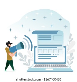 Concept images in a flat style. A man with a beard and a big loudspeaker in his hands, looking for a resume (or page in a social network) on a large laptop. Search for an employee.