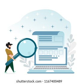 Concept images in a flat style. A man with a beard and a large magnifying glass in his hands, looking for a resume (or page in a social network) on a large laptop. Search for an employee.