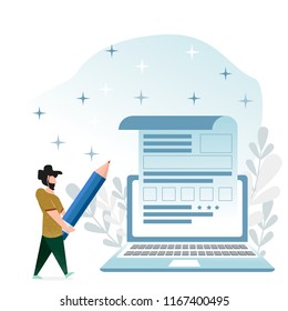 Concept images in a flat style. A man with a beard and a big pencil in his hands, points to a resume (or page in a social network) on a big laptop.