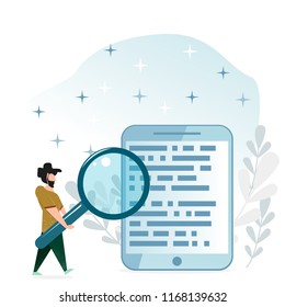 Concept images in a flat style. A man with a beard and a big magnifying glass  in his hands, standing near a large tablet with text on the screen.
