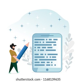 Concept images in a flat style. A man with a beard and a big pencil in his hands, standing near a large tablet with text on the screen.