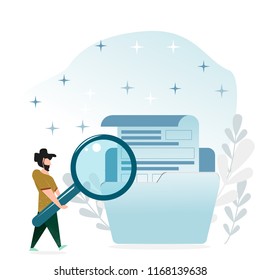 Concept images in a flat style. A man with a beard and a large magnifying glass in his hands, near a large folder with documents. Head Hunter.