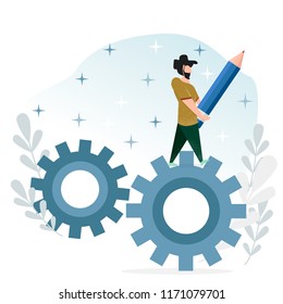 Concept images in a flat style. A man with a beard with a big pencil in his hands , standing on big gears. Business.