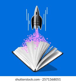 Concept of imagination and creativity. Halftone rocket launches from book. Modern collage. Theme of knowledge, education, university graduation. Idea for business startup