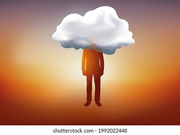 Concept of imagination and dream, with the symbol of a man floating in the sky with his head in a cloud.