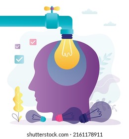 Concepto de imaginación y presentación de ideas. La nueva idea cae de la grieta abierta al cerebro humano. La gente de negocios hace tormentas de ideas. Cabeza con bombilla. Pancarta de moda. Ilustración vectorial plana
