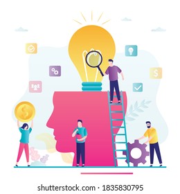 Concept of imagination and teamwork. Man looking at light bulb through magnifying glass. Team searching for new idea. Business people brainstorming. Banner in trendy style. Flat vector illustration