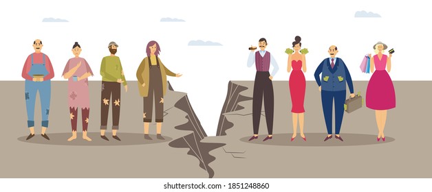 Concept of imbalance, class discrimination and monetary inequality in human society. Gap between unlucky sad poor and happy successful rich people. Vector flat isolated illustration