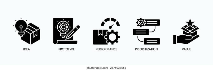 From Concept To Impact Icon Set Isolated Vector With Icon Of Idea, Prototype, Performance, Prioritization, Value In Glyph Style
