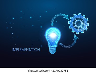 Concept implementation with lightbulb and cogwheel, gear and cycle arrows dark blue background