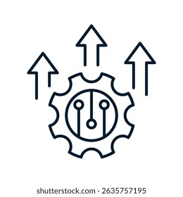 Concept of implementation of software systems. Vector linear icon isolated on white background.