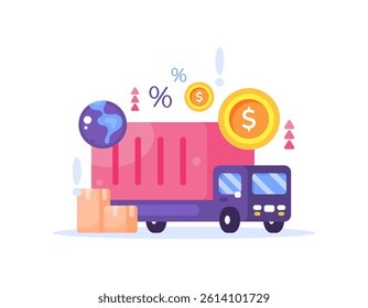 the concept of import and export costs and taxes is increasing. increase and economy. illustration of a truck carrying products for export and import. flat style character design. elements