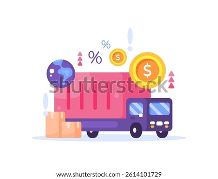 the concept of import and export costs and taxes is increasing. increase and economy. illustration of a truck carrying products for export and import. flat style character design. elements