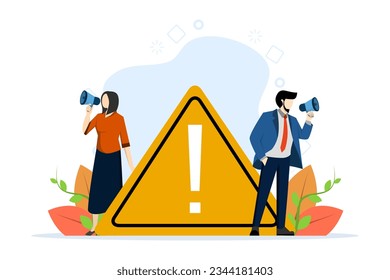 concept of important announcement, attention or warning information, latest news or urgent message communication, alert and be careful, business people announce in megaphone with exclamation mark.