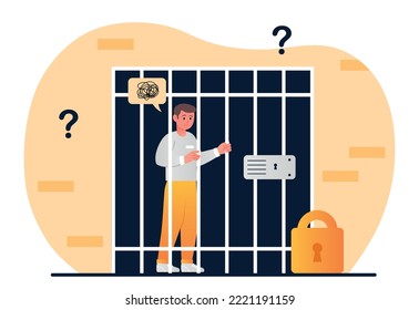Concept of imprisonment. Man stands behind bars under lock and key, sad young guy alone. Metaphor of internal problems and uncertainty, mental health and psychology. Cartoon flat vector illustration