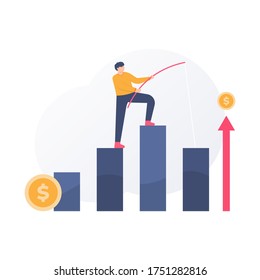el concepto de mejora y gestión financiera, control del tráfico de datos. ilustración de personas que intentan obtener datos o gráficos con un flash de pesca. se puede utilizar para elementos, páginas de inicio, interfaz de usuario.