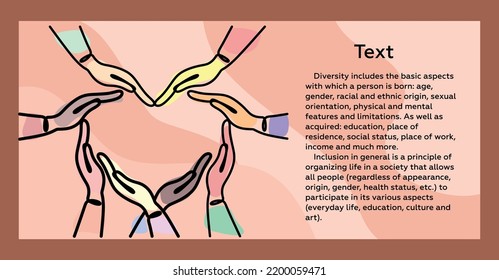 The concept of inclusion, diversity and equality. Hands of different nationalities form a heart. Place for text