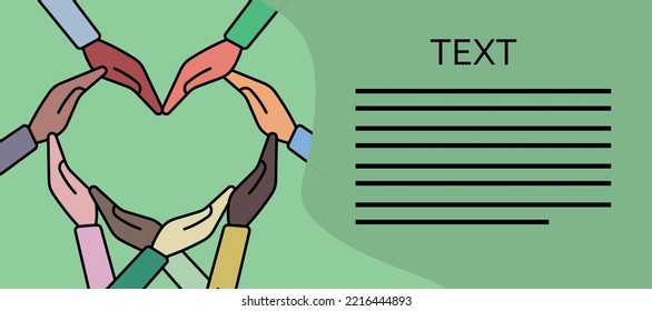 The concept of inclusion, diversity and equality. Hands of different nationalities form a heart. Place for text