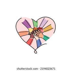 The concept of inclusion and diversity. Multiethnic hands put their hands on top of each other on the background of the heart. Illustration for web, print, banner.