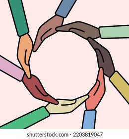 The concept of inclusion, equality and diversity. Diverse hands form a circle. Place for an inscription
