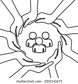 The concept of inclusion, equality and diversity. The hands form a circle around the employee or person. Employee protection. black and white one line illustration