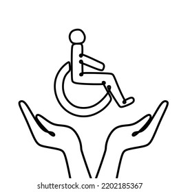 The concept of inclusion, equality and diversity. Hands holding a person in a wheelchair. Employee protection. Black and white illustration
