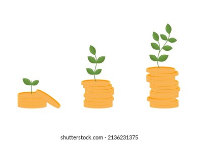 Concept Of Income Growth, Money, Investment. Coins With Sprouts. For Advertising Banks, Investment And Brokerage Accounts. Bank, Budget, Finance, Money Savings. Vector Illustration For Flyer, Poster