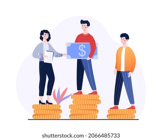 Concept of income inequality. Characters standing on mountains of coins. Pedestal made of money. Metaphor of different earnings, social inequality, capitalism. Cartoon flat vector illustration