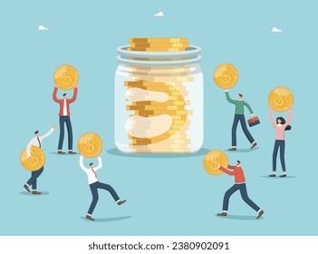 Concept of income and salary growth, increasing the value of business and investment portfolio, money management, financial growth, improvement of economy, people carry coins to a jar of coins.