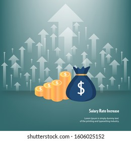 Concept of income salary rate increase, a lot of white arrows are going up on top together with stack of golden coins and money bag in green background.