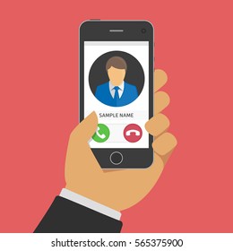 Concept incoming call on mobile phone concept. Hand holding smartphone with man avatar on screen and two buttons in flat style. Graphics elements for banners, websites, mobile app, infographics EPS 10