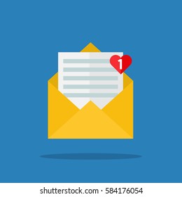 Concept of incoming email love message. Letter with counter notification, mail delivery service. Flat design, vector illustration.
