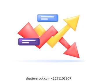 ein Konzept von Wachstum und Rückgang, Gewinn und Verlust, Wachstum und Rückgang, Fall und Anstieg. Marktbewegungsinformationen. Abbildung eines Auf- und Abwärtspfeils. Symbol oder Symbol. minimalistisches 3D-Design